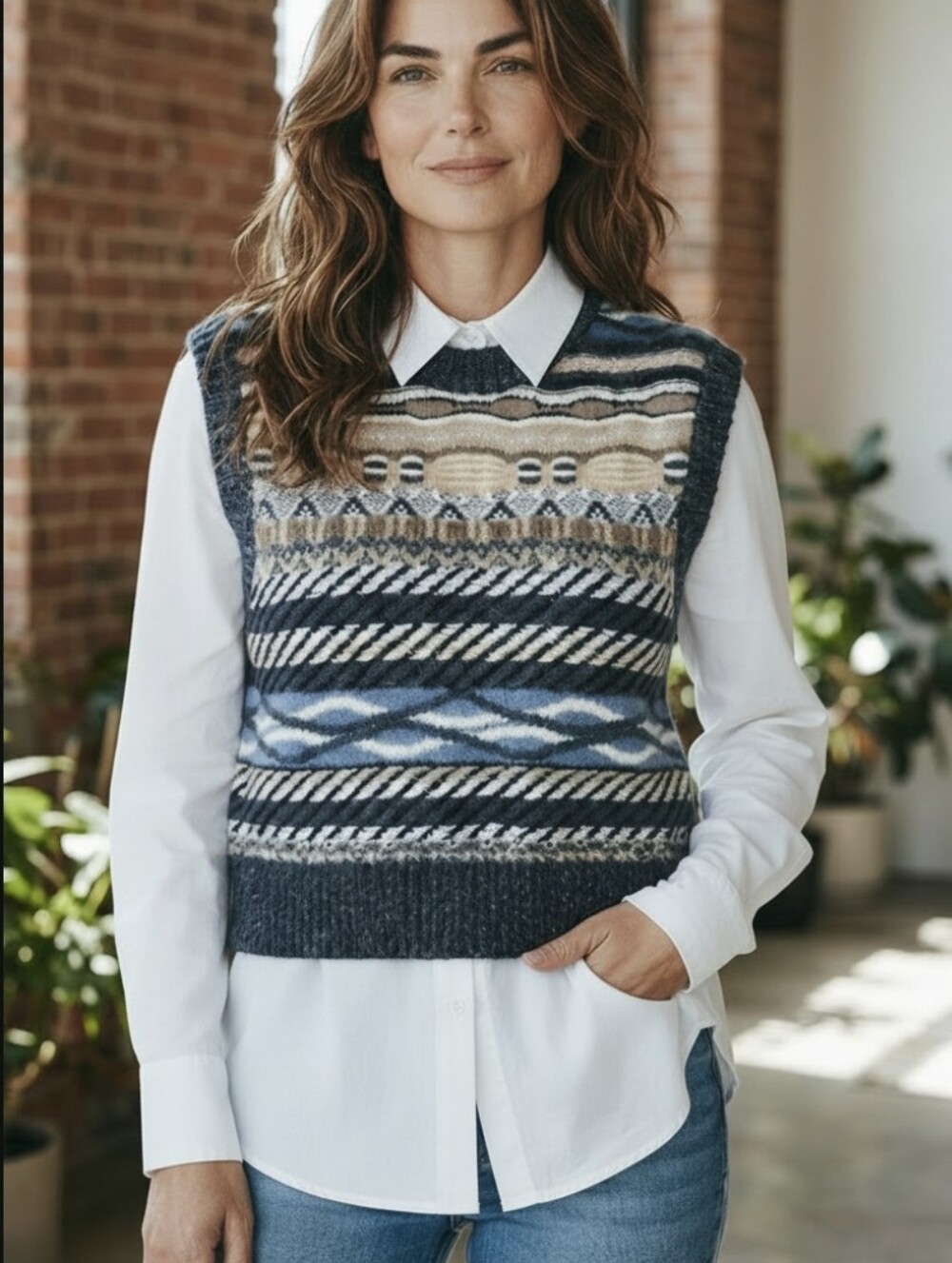 Magaschoni Sweater Vest Womens Large Blue Fair Isle Knit Preppy Appeal
